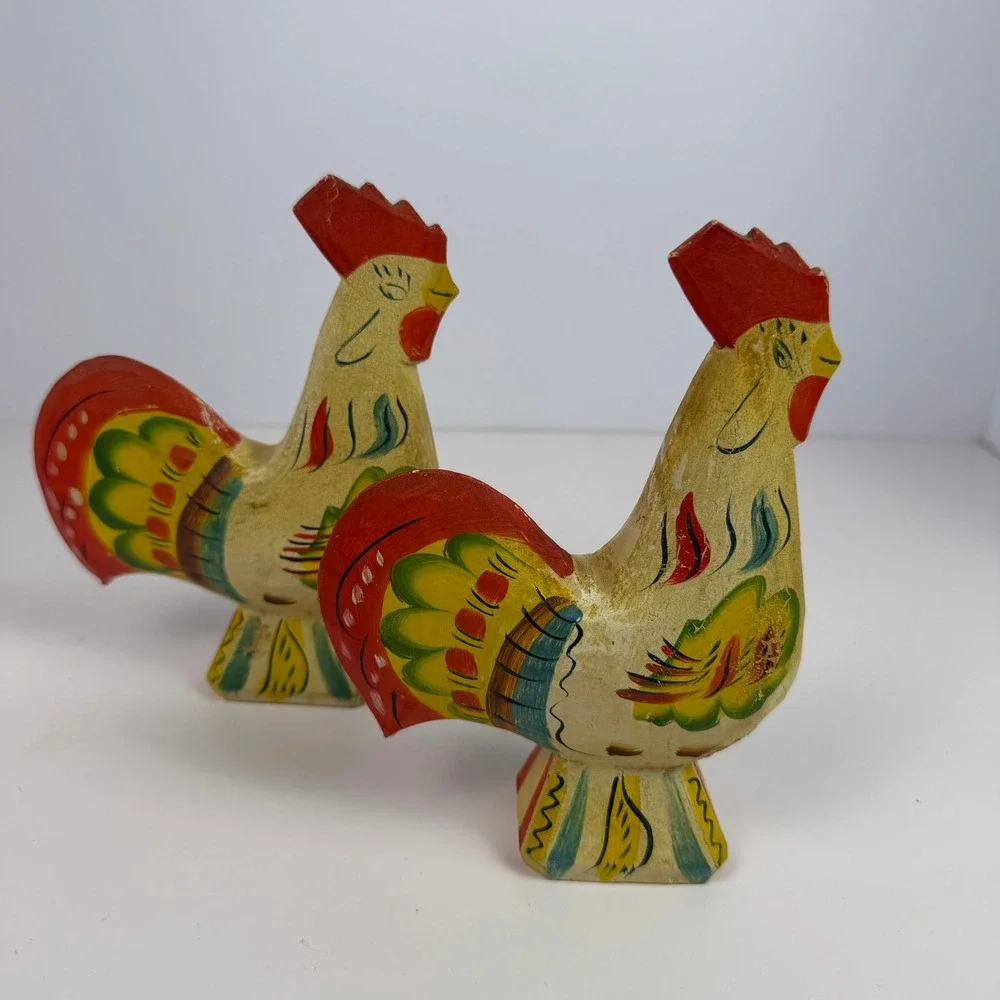 Swedish Dala Vintage Folk Art Cottagecore Home Decor Rooster Figurine Pair Wood